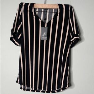Adrianna Papell Black and Cream Striped Blouse